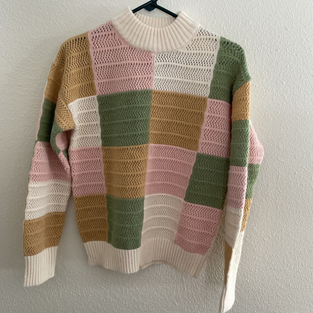 Free People Patchwork Pointelle Mock Neck Sweater XS Colorblock Cream Pink Green